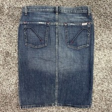 VTG Guess Blue Jean Skirt Sz 27 Knee Length Pencil Side Slit Distressed Y2K