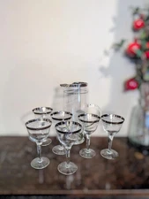 Mid-Century Modern Barware, Silver Rim Martini Pitcher and 6 Martini Glasses