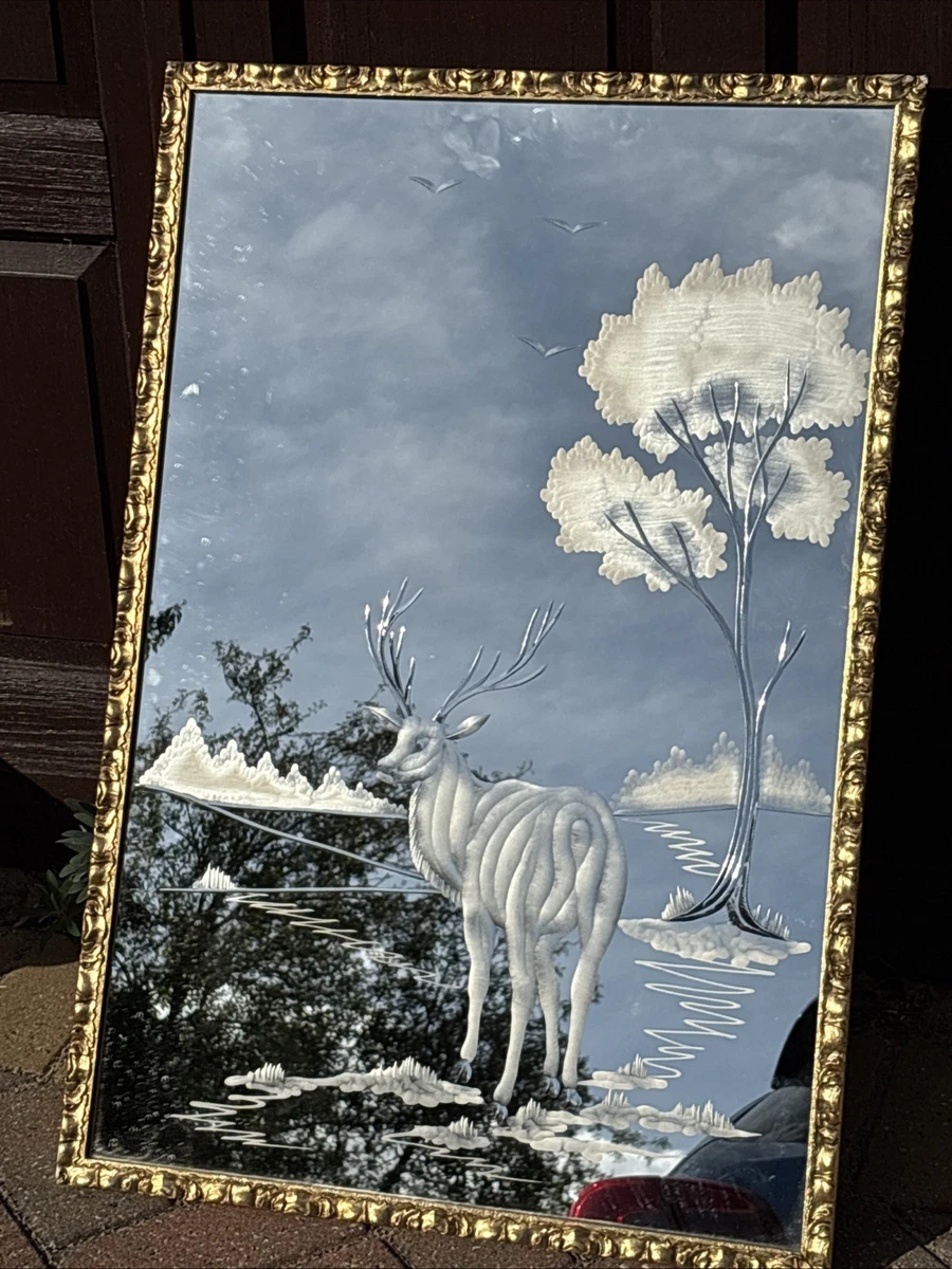 Vintage Etched Glass Mirror with Ornate Gilt Frame – Stag In Woodland Rare
