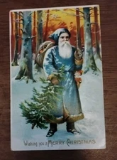 ca. 1910 Vintage Santa Claus Christmas Postcard Blue Robe Tree Presents German