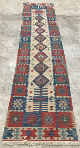 Vintage Traditional Handmade Beautiful Turkish Kilim Floor Rug Carpet 312x72 cm