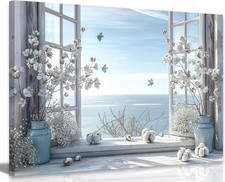 Coastal Flower Bathroom Canvas Wall Art Farmhouse Cotton Bouquet and Butterfly B