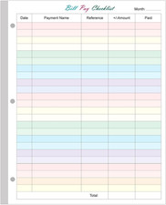 A4 Bill Payment Checklist Refills Paper - 3-Hole Punched Loose Leaf Budget Plann