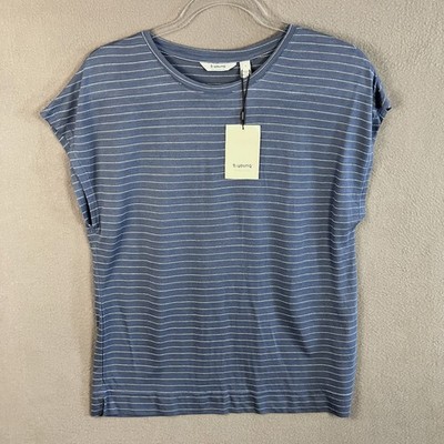 b.young Women's Striped Metallic T-Shirt Top Size S Blue Silver Lightweight