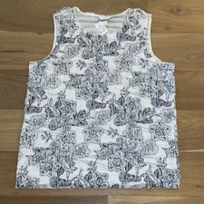 NWT CJ Banks 2X Women’s Knit Sleeveless Top Ruffles Navy/cream Print Shimmer