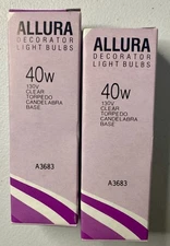Set Of 2 ALLURA A3683 Decorator 40 W Light Bulbs Clear Torpedo Candelabra Base