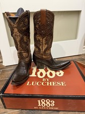 Lucchese Womens Espresso Camel Cheetah Snip Toe Western Boots 6b