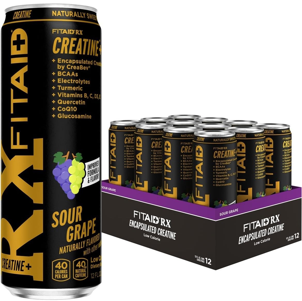 FITAID RX Sour Grape Energy Drink Pack of 12 with Creatine BCAAs Vitamins 12 ...