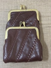 Vintage Burgundy Leather Kiss Lock Coin Purse Cigarette Case Wallet