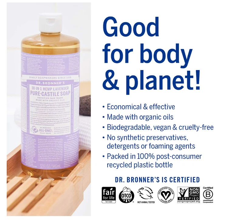 Dr. Bronner's Pure-Castile Liquid Soap - Lavender - 1 Gallon (4 x 32 oz) NEW! - Image 3 of 4