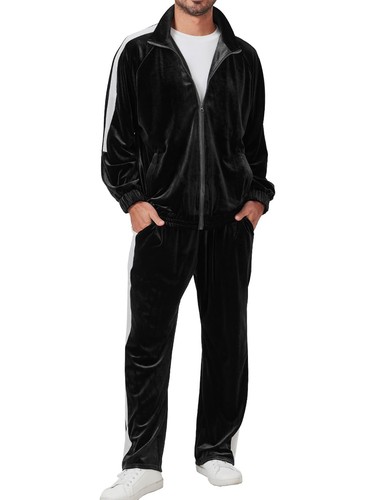 COOFANDY Mens Tracksuit 2 Piece Set Velour Sweatsuit Jogging Suits Full Zip Jacket Pants Outfits Black S