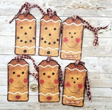 6-Christmas-Primitive-Farmhouse-Gingerbread Face-Linen Cardstock-Gift-Tags