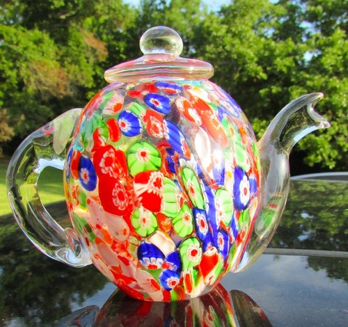 Pisapapeles tetera de vidrio Millefiore - tazas de mantequilla multicolores - Imagen 2 de 9