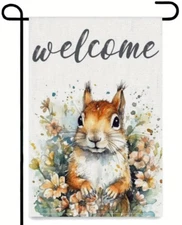 Squirrel In The Flowers Welcome, 2-Sided Burlap Type Outdoor Garden/Yard Flag