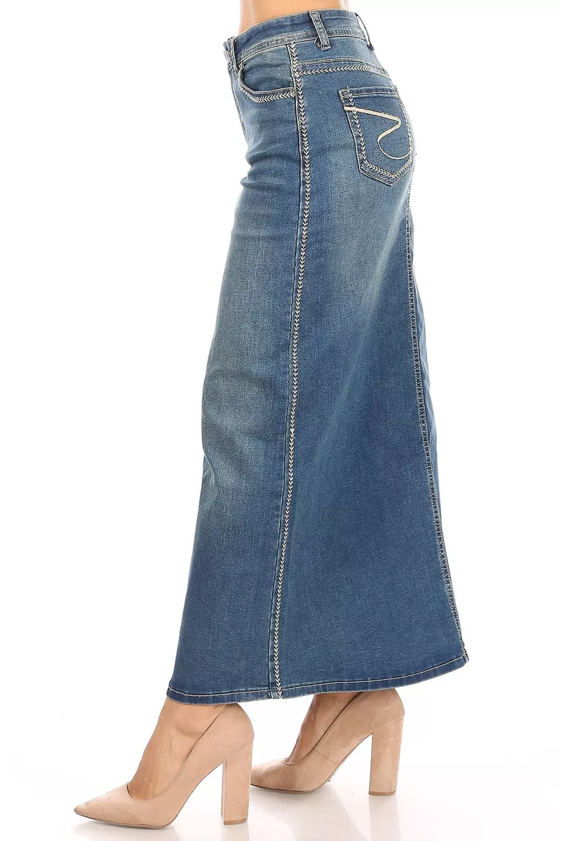 Miljøvenlig R Seaside Women&#039;s Juniors/Plus Size Long A-Line Stretch Denim Maxi Skirt | eBay