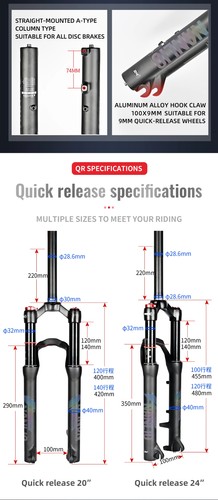 Mountain Bike Suspension Oil and Gas Fork 20/24Inch 100/120/140mm Shoulder Lock - Picture 18 of 32