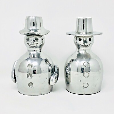 Crate And Barrel Candleholder Set Of 2 Silver Snowmen Taper Carrot And Coal Nose