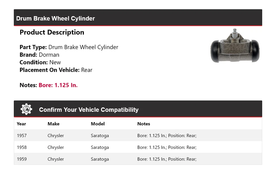 Cilindro de rueda de freno de tambor trasero 1958 1958 para Chrysler Saratoga Dorman 1957-1959 Foto 2 de 4