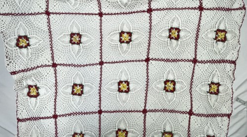 Vintage Crocheted Table Cover Squares White Red 50x70 (Christmas) Gold - Picture 3 of 11