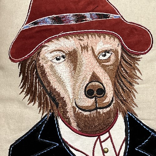 Dapper Pier 1 Embroidered Throw Pillow Dog In Blue Suit Red Hat 13” x 13” Beige - Picture 2 of 5
