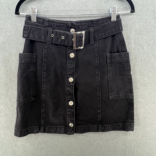 Skirt Size UK 8 Womens Black Short Denim Buttoned Belted eBay