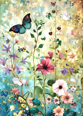 ACEO- Butterfly Artist Trading Card 2.5x3.5 Miniature Flower Garden Art Print