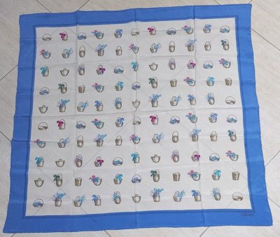 Vintage Scarf LOEWE Basket of Flowers Sky Blue Cream Pink Crepe Silk  34''