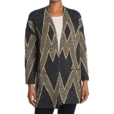 Joan Vass Gray Cardigan Sweater Open Front Size Large Beige Zig Zag Artsy Modern