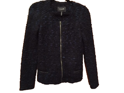 ISABEL MARANT Small Black + Blue Boucle Tweed Leather Trim Zip Jacket