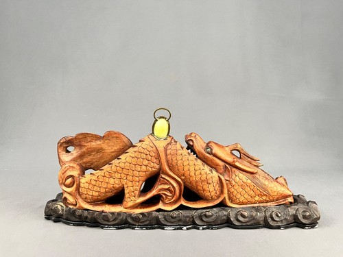 Antique Chinese Carved WATER DRAGON with Jade Pearl & Eyes 16 1/4" Sculpture - Picture 11 of 24
