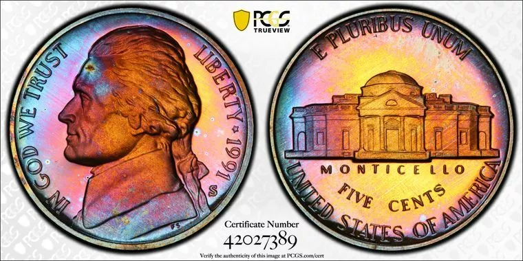 1991 S Jefferson Proof Nickel Beautifully Toned PCGS PR Detail 7389 - Image 3 of 3