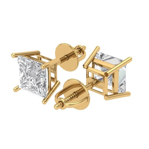 2 ct Princess Cut Solitaire Stud anniversary Earrings 14k Yellow gold Clear - Picture 2 of 11