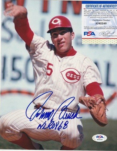 JOHNNY BENCH CINCINNATI REDS NL ROY 1968 PSA AUTHENTICATED ACTION SIGNED 8x10
