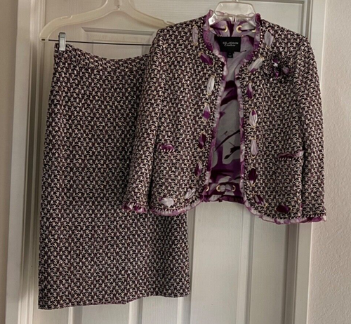 ST JOHN COUTURE PURPLE BLACK GOLD KNIT BLAZER JACKET AND SKIRT SUIT SZ 6