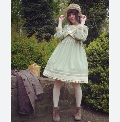 sage green country dress | Sailor Lolita Embroidered Pleated Ruffle Size Small colour: mustard-gathered-waist-midi-dress