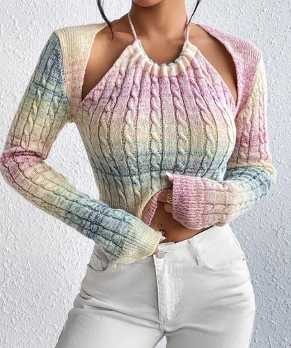 Casual Women's Comfort Sweater Ombre Cut Out Cable Knit Tie Back Sweater ๐๐ - Picture 7 of 11