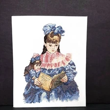 Completed Finished Cross Stitch Victorian Girl Doll Story Time VTG 80s Unframed