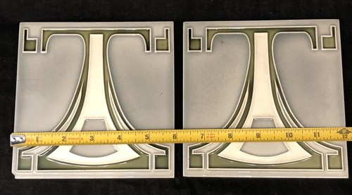 2 carreaux Art nouveau Boizenburg géométrique art nouveau des années 1920 gris vert et blanc - Photo 2/14