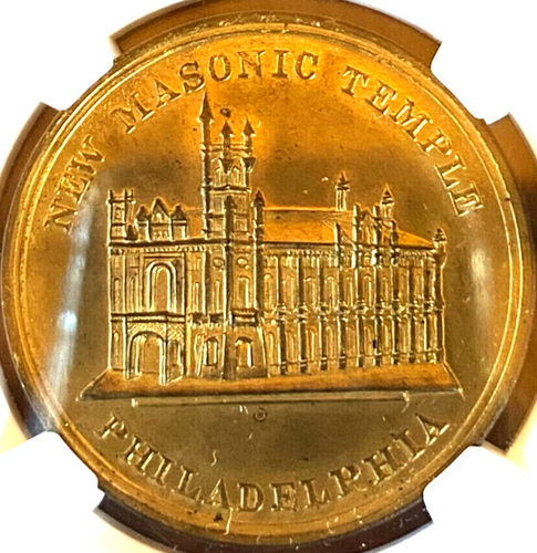 1873 RULAU PHILA PA R-PA-PH-311A BRASS NEW MASONIC TEMPLE NGC MS65 - Picture 2 of 5