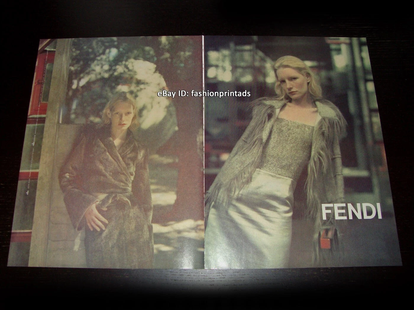 vintage FENDI ANNUNCIO STAMPA 4 pagine autunno 1998 KIRSTEN OWEN donna che indossa pelliccia