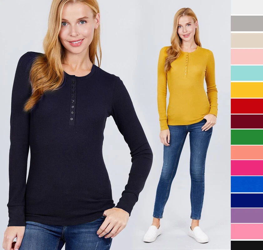 Women's Cozy Thermal Henley Shirt Top Stretch Cotton Long Sleeve Pullover  Basic