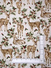 Christmas Deer Holly Cream Gold Fabric By The Yard Winter Pines Cotton Benartex