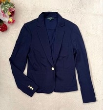 LAUREN Ralph Lauren Navy Stretch Blazer M Gold Button Tailored Jacket