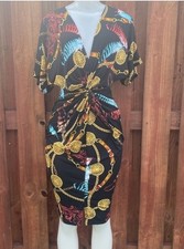 Fashion Nova Black and Gold V-Neck Bodycon Midi Size M/L