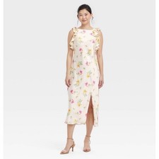 A New Day Cream Floral Ruffle Shoulder Midi Dress Sleeveless Side Slit Womens M