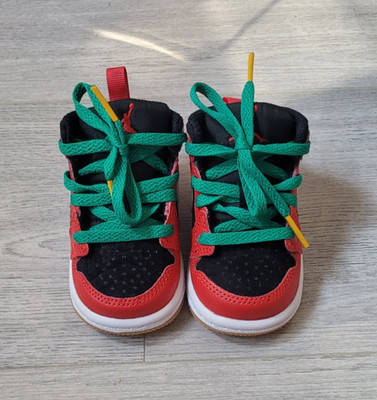 Nike Air Jordan 1 Mid SE (TD) Christmas Colorway Black Red Green Lace Size 2.5UK