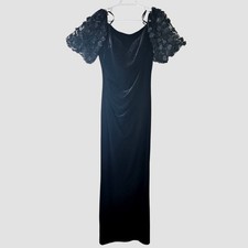 Xscape Formal Maxi Dress Sz 14 Black Velvet Floral Puff Sleeve Off Shoulder Gown