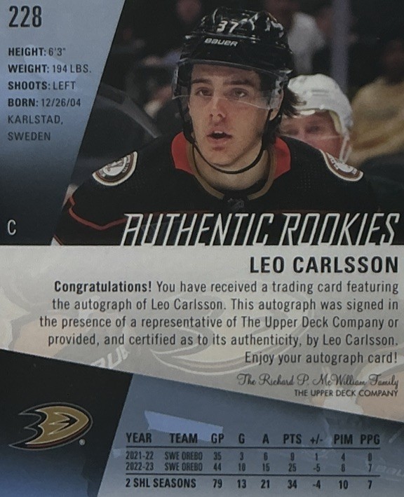 Leo Carlsson Rookie Auto PSA 9/9- 2023 Upper Deck SP Game Used Authentic -Ducks view 7