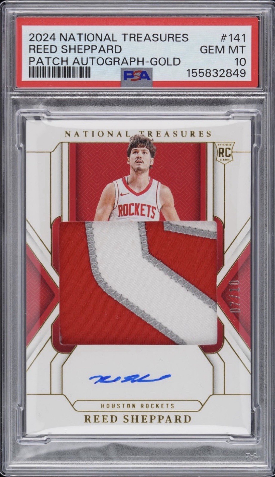 Panini National Treasures Reed Sheppard Rookie Patch Auto Gold /10 #141 PSA 10