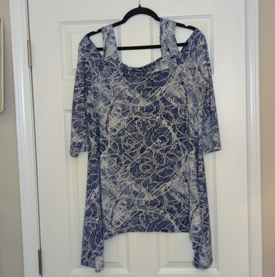 Clara Sun Woo Blue White Print Cold Shoulder Top 3/4 Sleeve Flowy Women's L